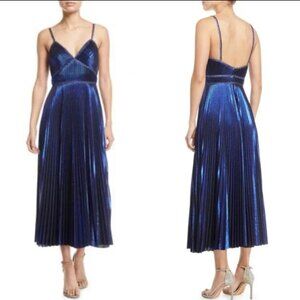 MARCHESA NOTTE Pleated Metallic Midi Dress Blue Sz 4